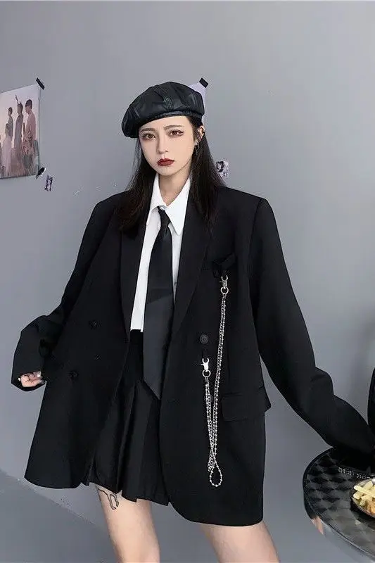 

Insozkdg Korean Fashion Chain Black Suit Jacket for Women Spring New Luxury Loose Casual Shoulder Padded Blazers Women Tops