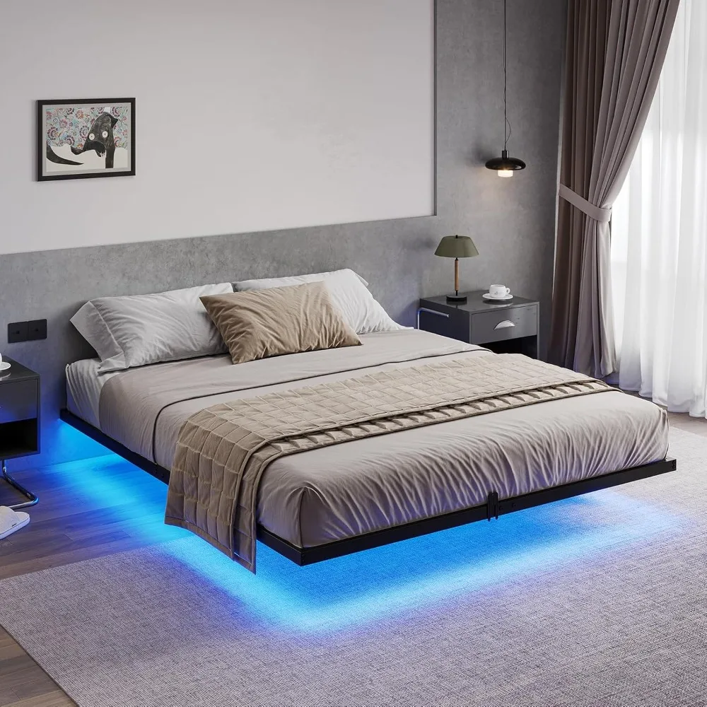 Marco de cama flotante tamaño Queen con luces LED, plataforma de Metal, No necesita resorte de caja, fácil de montar, resistente y duradero