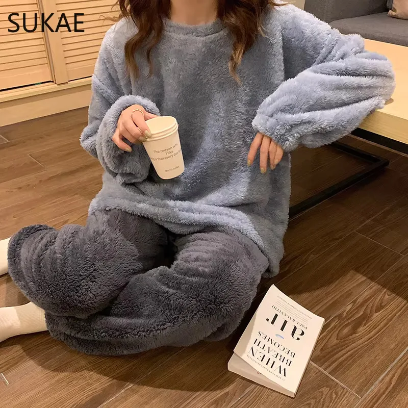 SUKAE ฤดูหนาว WARM-WARM ผู้หญิง Pamas ชุด Preppy สาวชุดนอนแขนยาว Plush Veet ชุดนอนวัยรุ่น Pijama