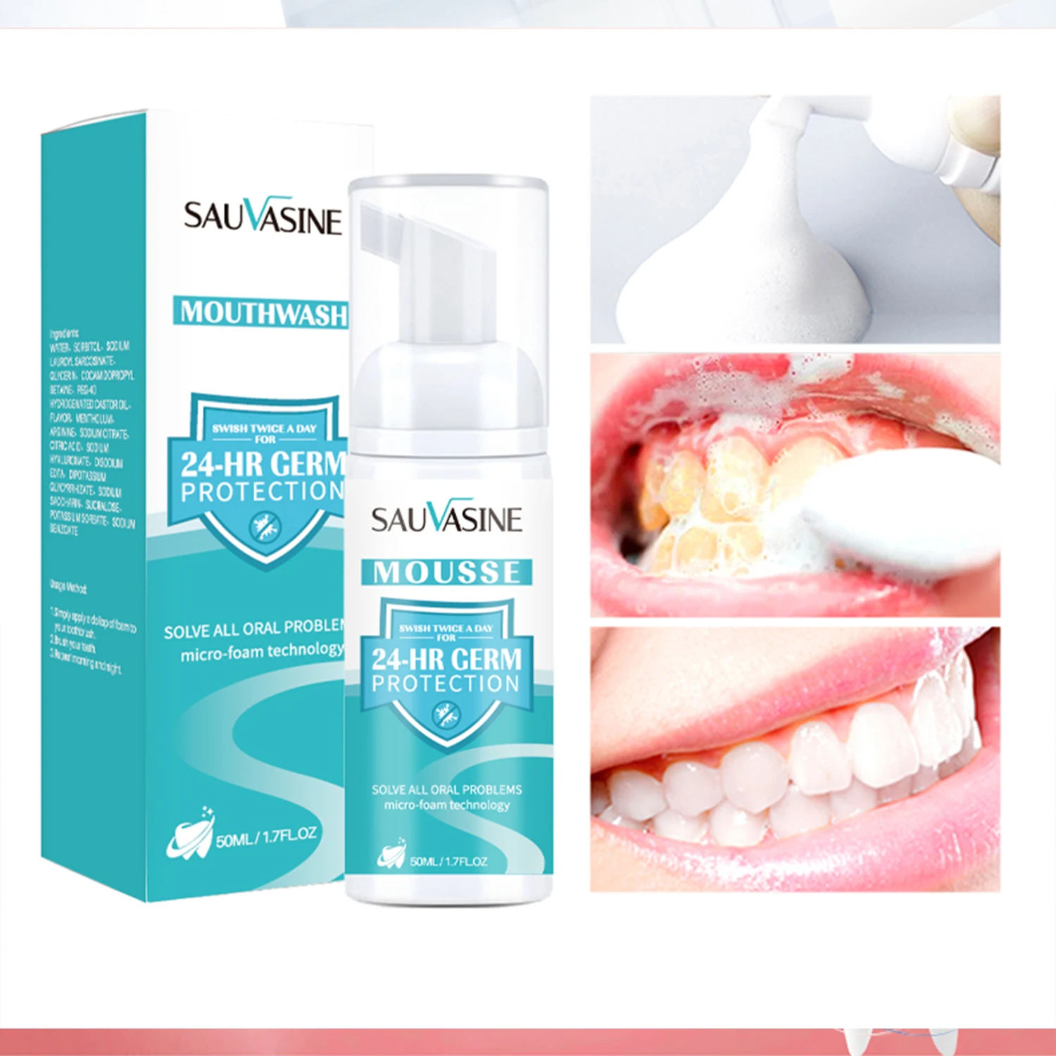 Dentes Whitening Mousse para limpeza profunda da boca, Refresca a respiração, remove os dentes amarelos, placa de dente mancha, reparação gengival, cárie