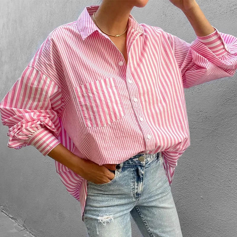 Loose Long Sleeve Striped Shirts Top Trend Casual Shirt Tops Women Pockets Polo Collar Loose Single Breasted Shirts Blouses