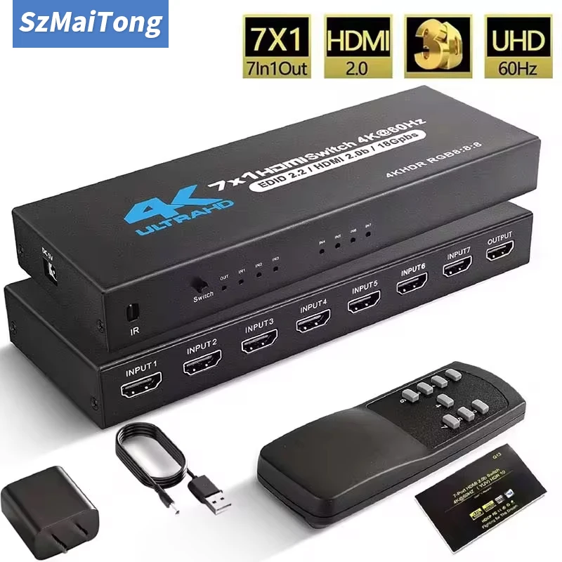 

HDMI 2.0 Switch 7 in 1 out 4K 60Hz HDMI Switch 5X1/4X1 HDR HDMI 2.0 Switcher remote for PS5 Xbox Series X NS Switch PC 4K HDTV