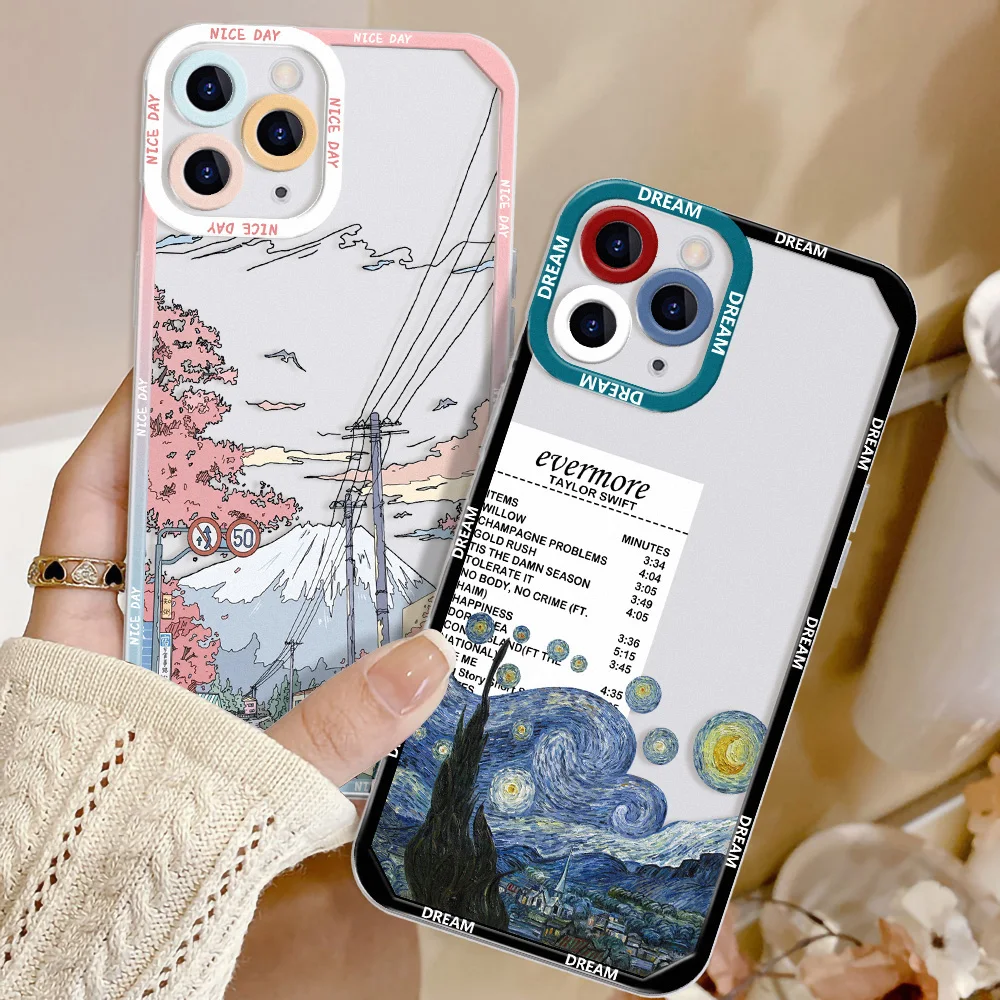 Phone Case For iPhone 11 Case iPhone 12 15 13 16 14 Pro Max Mini XR XS X 7 8 Plus SE SE3 Transparent Landscape Stamp Label Cover