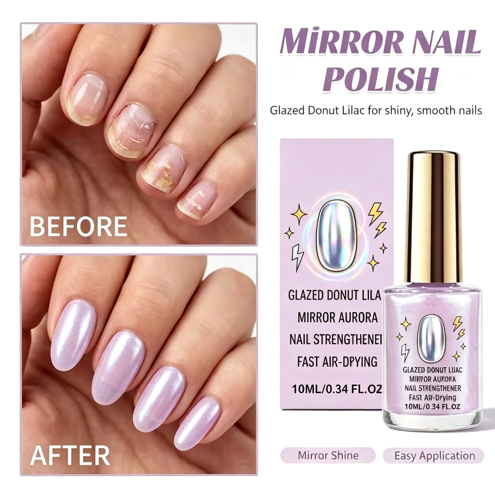 Glazed Lilac Nail Polish 10ml Mirror Aurora Nail Strengthener Fast Air-Dry No Bake Long Lasting Glossy Manicure Nail Care Art