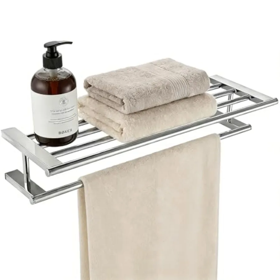 

24 Inch Bathroom Towel Rack with Hanging Towel Bar SUS 304 Stainless Steel Wall Mounted Towel Shelf Polished Chrome Space Savin