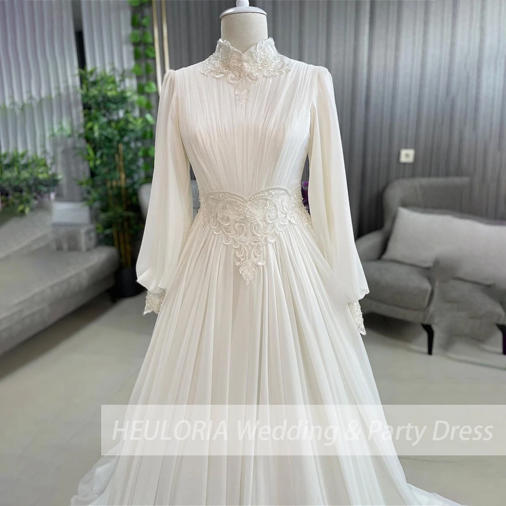 elegant Muslim Wedding Dress long sleeve high neck chiffon bride dress plus size bride Wedding Gown