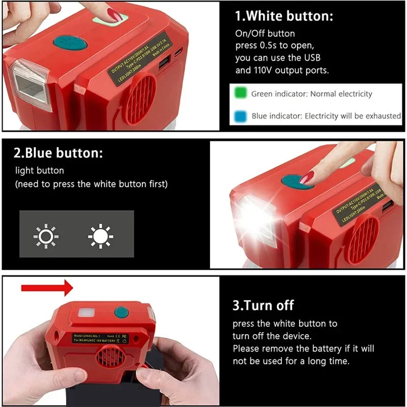 200W Inverter For Milwaukee 18V Li-ion Battery DC 18V To AC 110V/220V Modified Sine Wave Inverter with 280LM LED Light