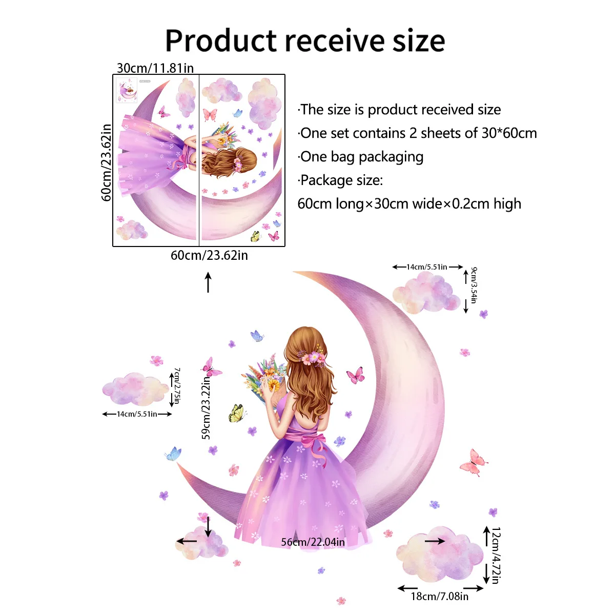 2pcs  Little Girl Flower Butterfly Moon Background Wall Sticker Bedroom Room Layout Decorative Wall Sticker Wallpapers  Ms8610