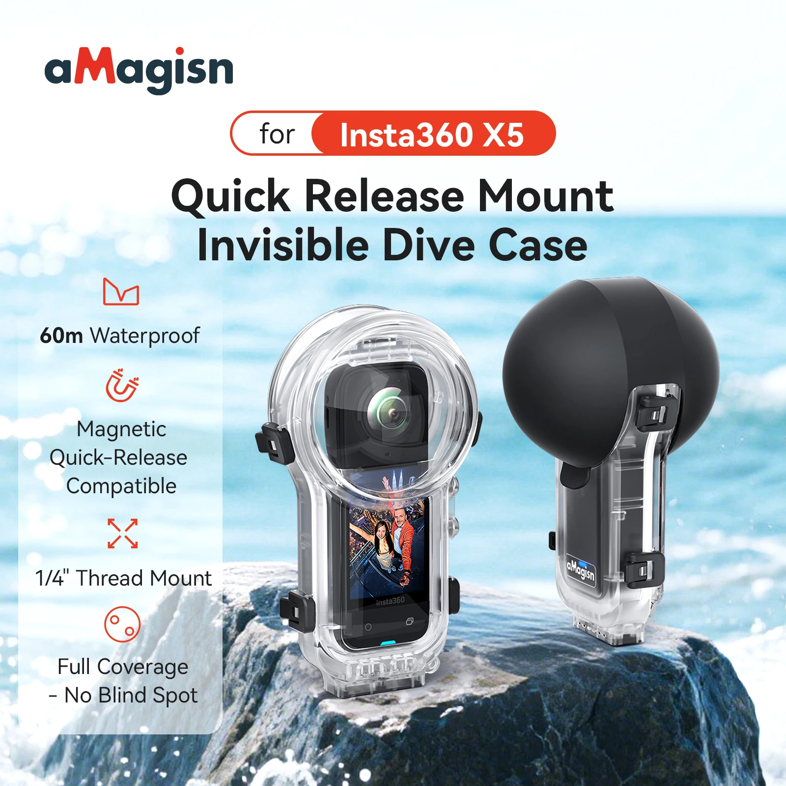 Insta360 X5用 aMagisn 60m/197ftダイビングハウジング、曇りのない水中ケース、Insta 360 X5アクセサリー用の目に見えない防水シェル