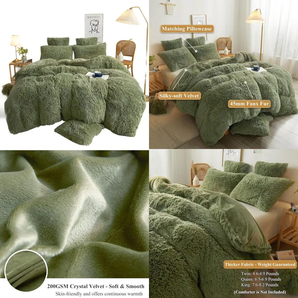 

Luxury Sage Green Plush Shaggy Duvet Cover Set with 2 Pillow Shams, Queen Size