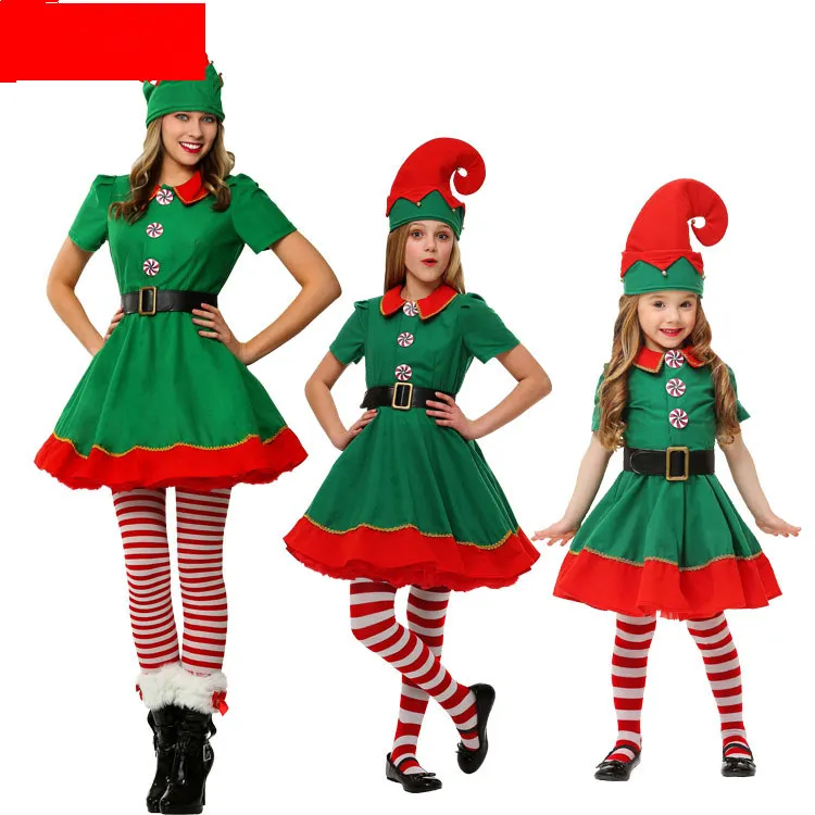 Christmas Clothes Parent-child Cosplay Cute Green Elf Toddler Boys and Girls Modern Dance Performance Costume Stage DanceWear