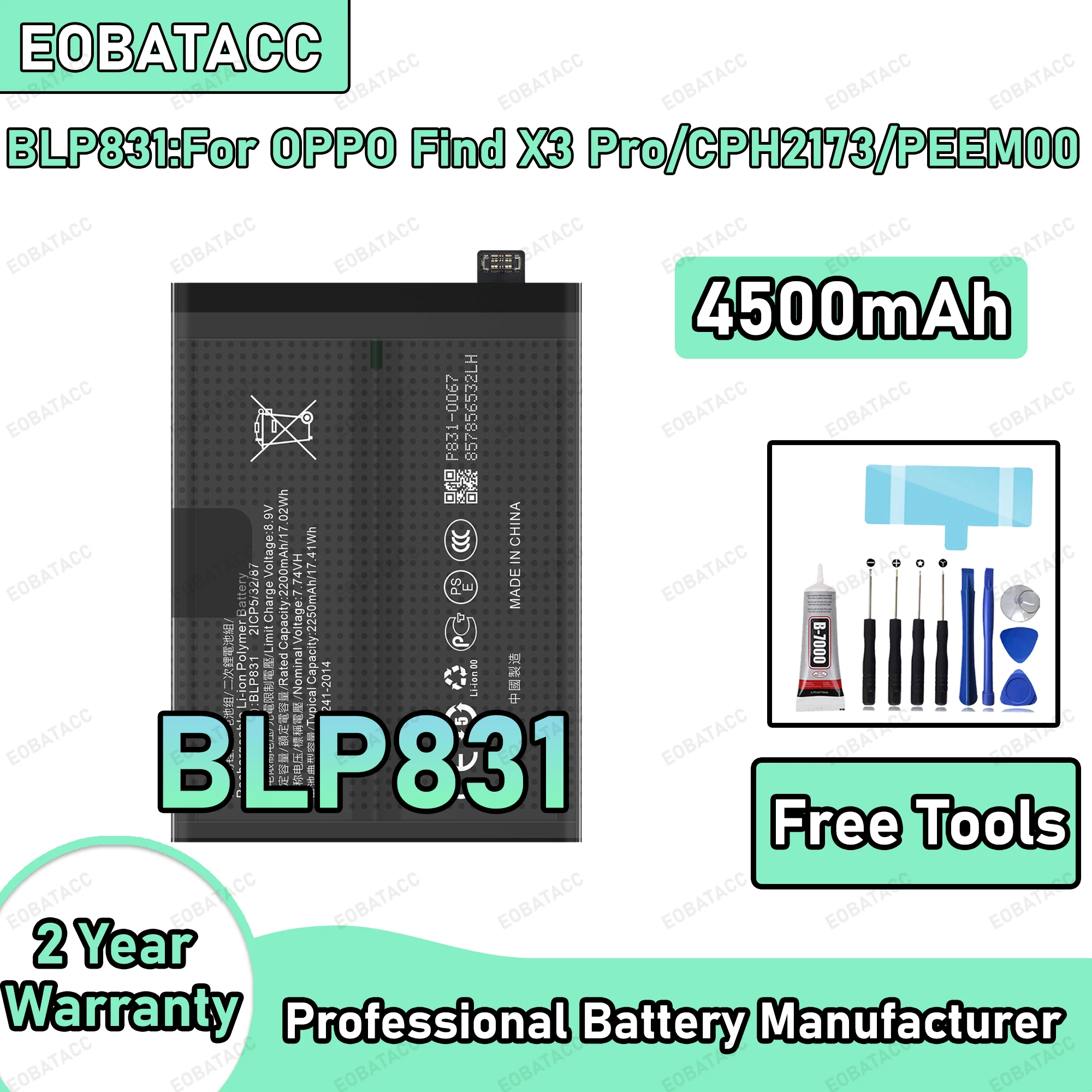 

4500mAh 100% New BLP831 Battery For OPPO Find X3 Pro/CPH2173/PEEM00 Replacement Bateria+Free Tools