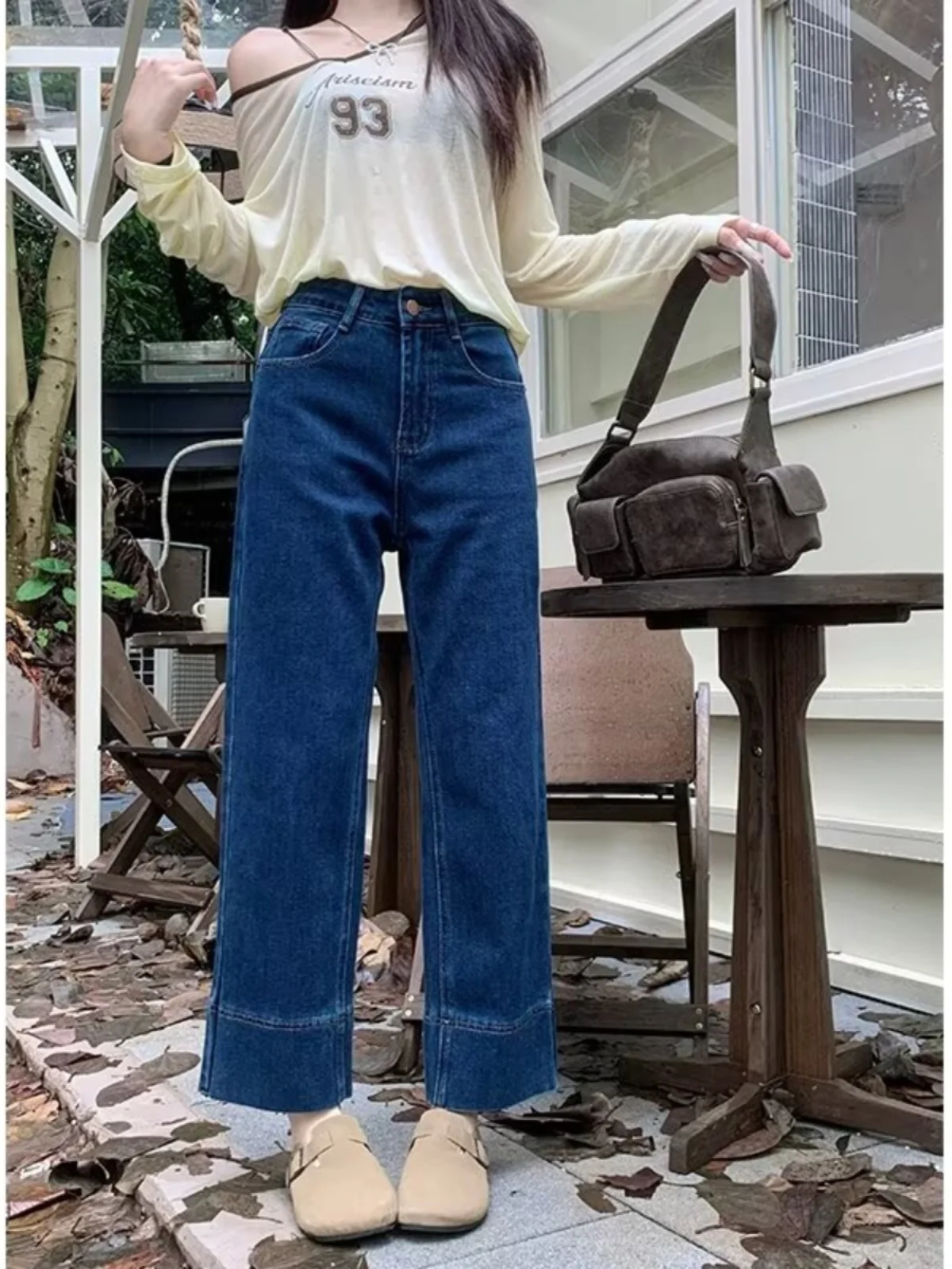 アメリカンレトロ風ストレッチデニムジーンズ レディース 大きいサイズ ハイウエスト 体型カバー スリム 細見え ワイドレッグ ストレートパンツ