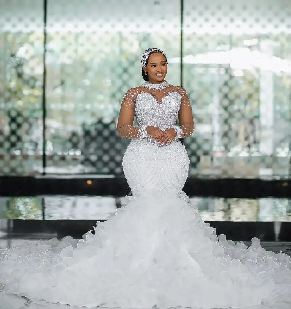 

2025 New Mermaid Church Wedding Dress High Neck Sparkly Crystals Beads Long Illusion Sleeves Bride Gowns African Vestidos