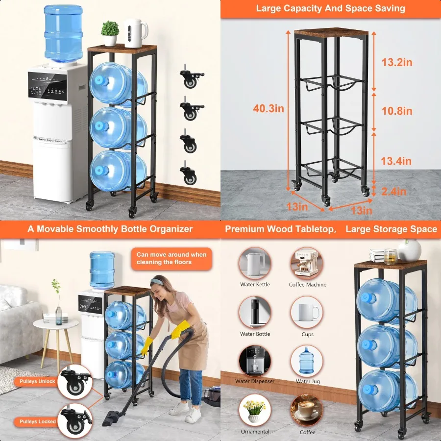 Soporte para jarra de botella de agua de 5 galones, organizador de soporte para botella de agua de 3 niveles con ruedas bloqueables, estante de almacenamiento de agua resistente