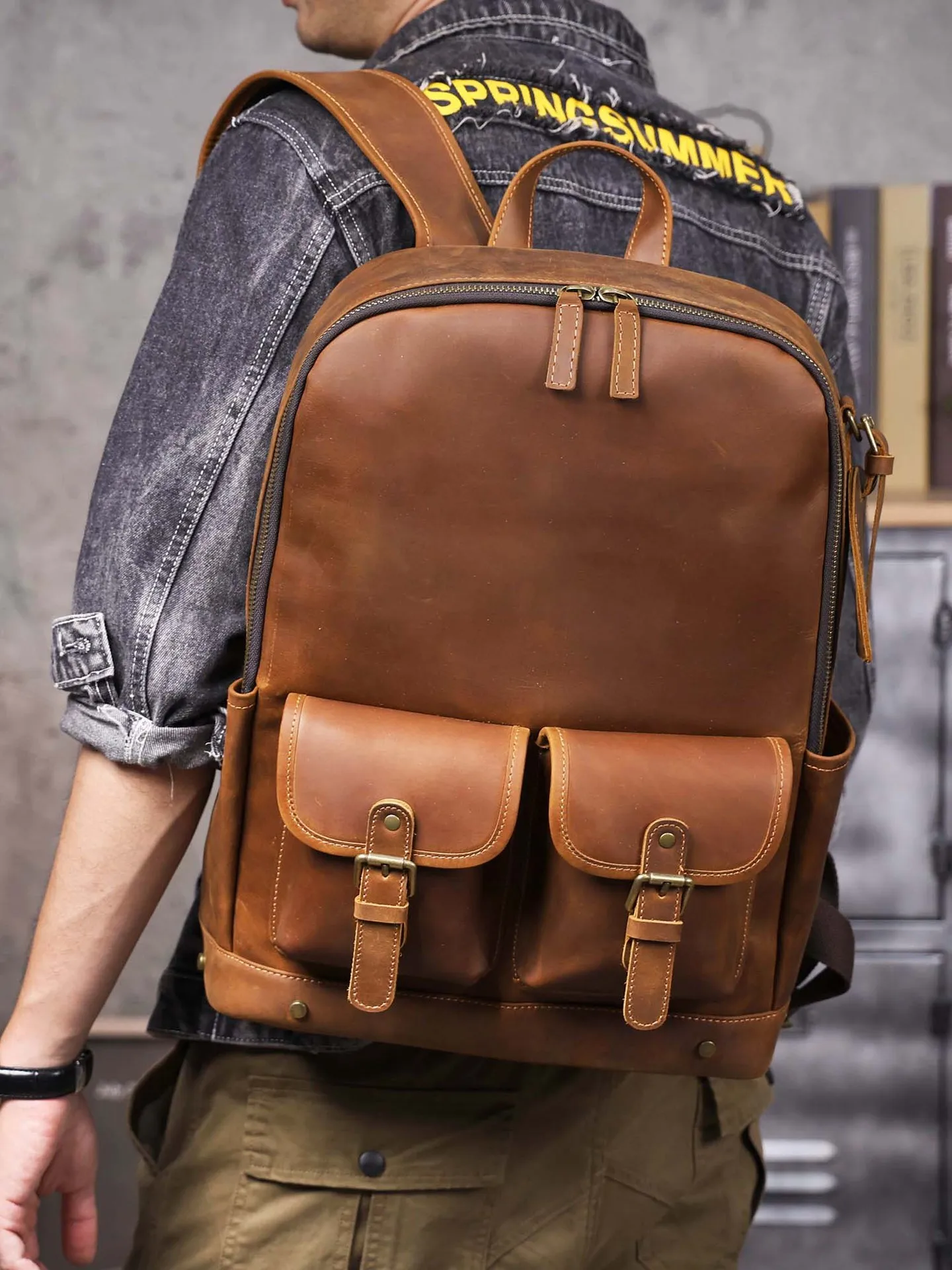 weekend travel real leather men large-capacity multi-pocket backpack vintage designer handmade crazy horse cowhide bagpack