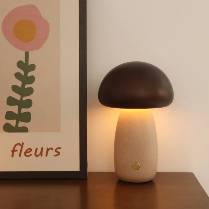LED Mushroom Night Light Touch Warm Bedside Lamp 16.5cm Beech Wood Table Lamp Bedroom Sleep Nursery Room Decor Atmosphere Light