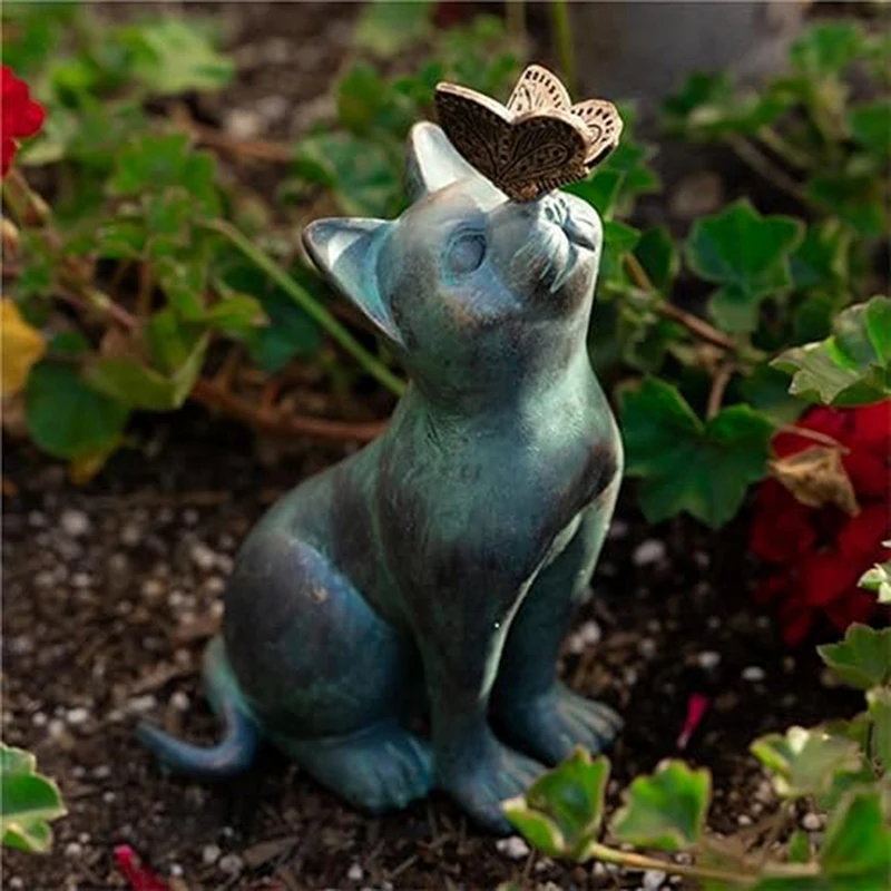 Cat And Butterfly Curiosity Garden Statue Decor Cat Sculpture Animal Figurines, Durable