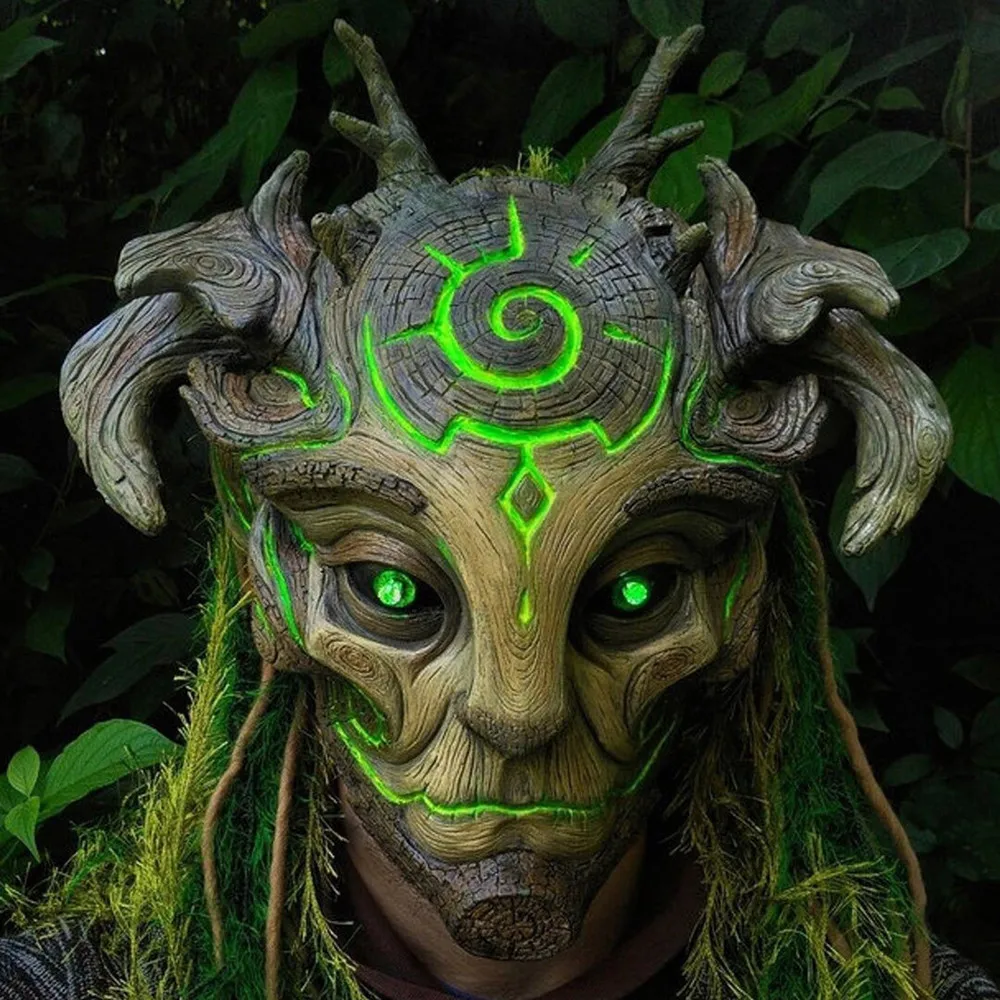 Geisterelfen-Waldmaske mit Kopfschmuck, Realistische Latex-Maskerade-Maske für Halloween-Cosplay-Kostüme und Party-Requisiten, Die Augen Leuchten Auf – Detail 3