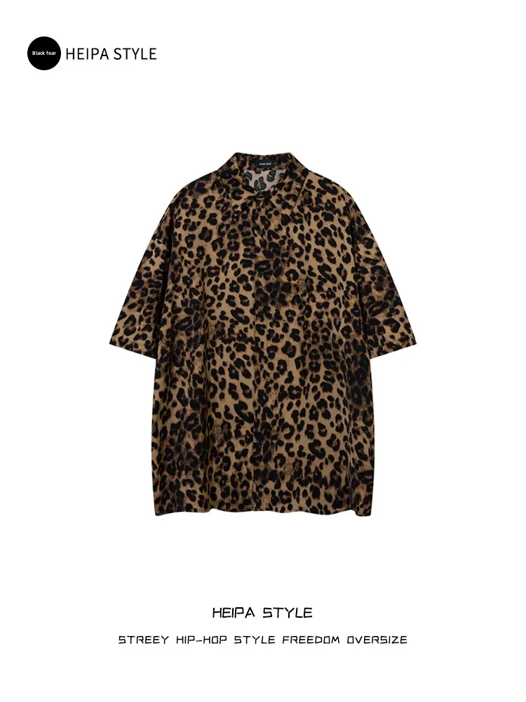 

Retro American Vintage Leopard Print ort Sve Loose Men's irt Summer Trendy High Street Couple's Casual Faion