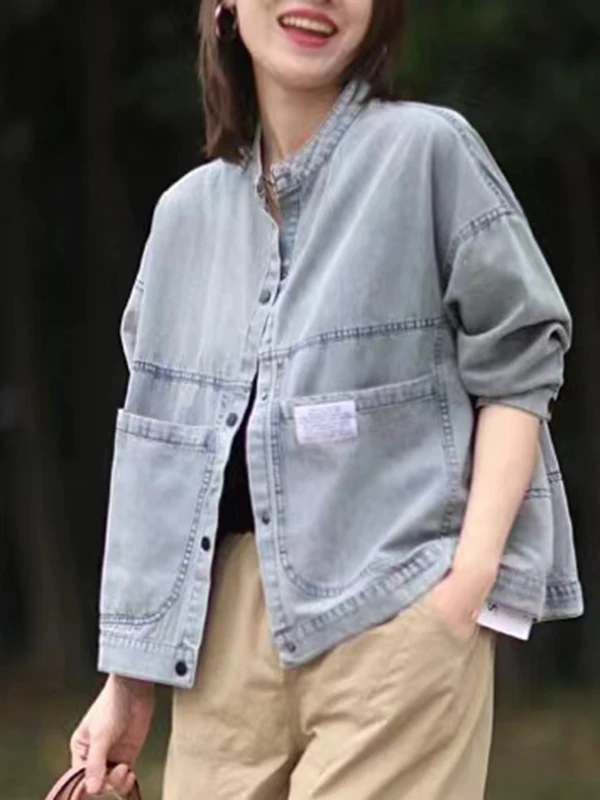 

Retro Waed Denim ort Jaet Women Loose Casual Workwear Sle Small Stand Collar Jaet Spring Summer New Arrival