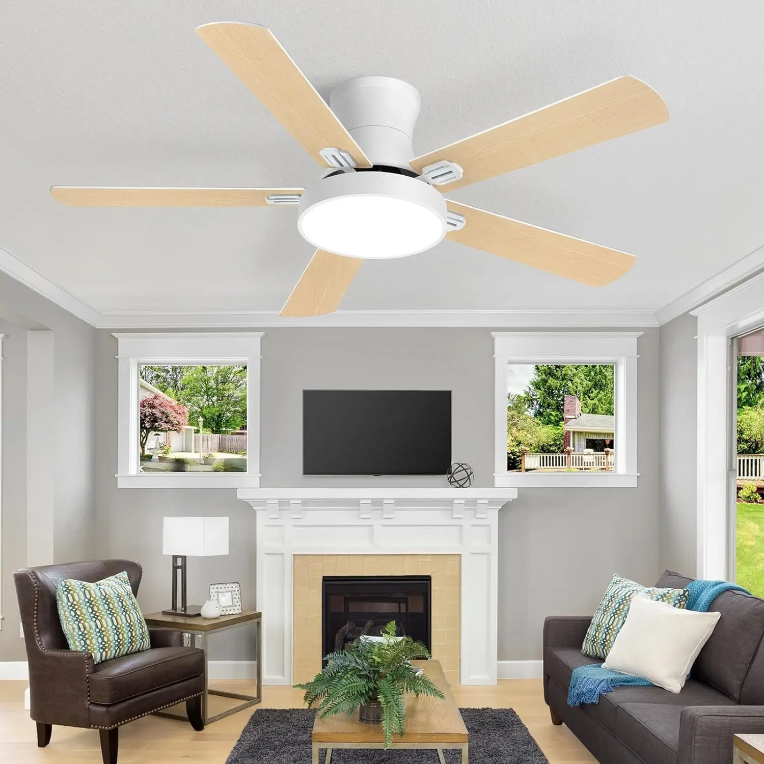 Ceiling Fans With Lights, 52 Inch Flush Mount Fan Light With Remote Control, 6 Speeds, Dc Reversible Motor, Timing, 3 Color