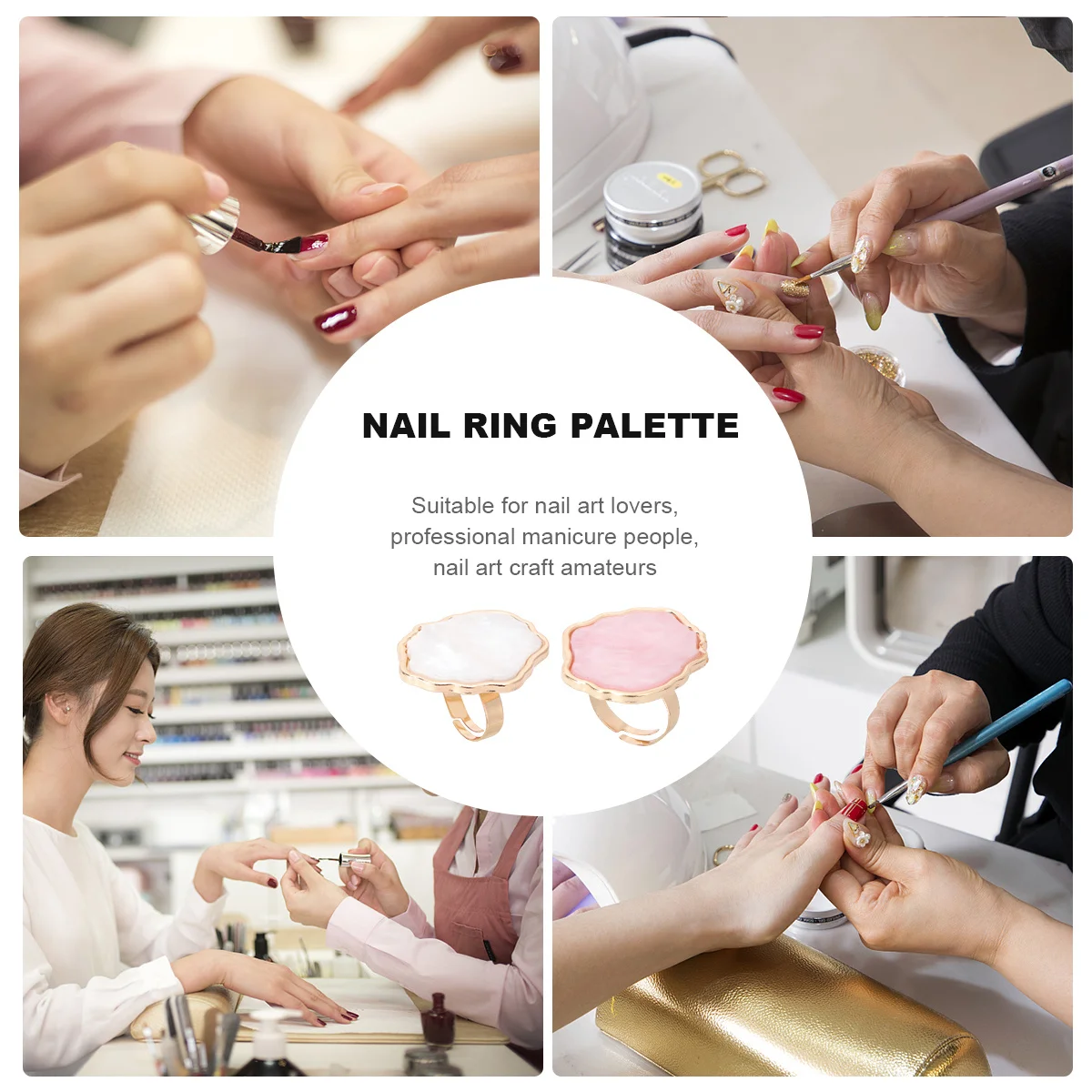

2Pcs Shell Marble Nail Art Palettes Resin Mixing Palette Ring Style Portable Finger Worn Palette for Salon Party Home Decoration