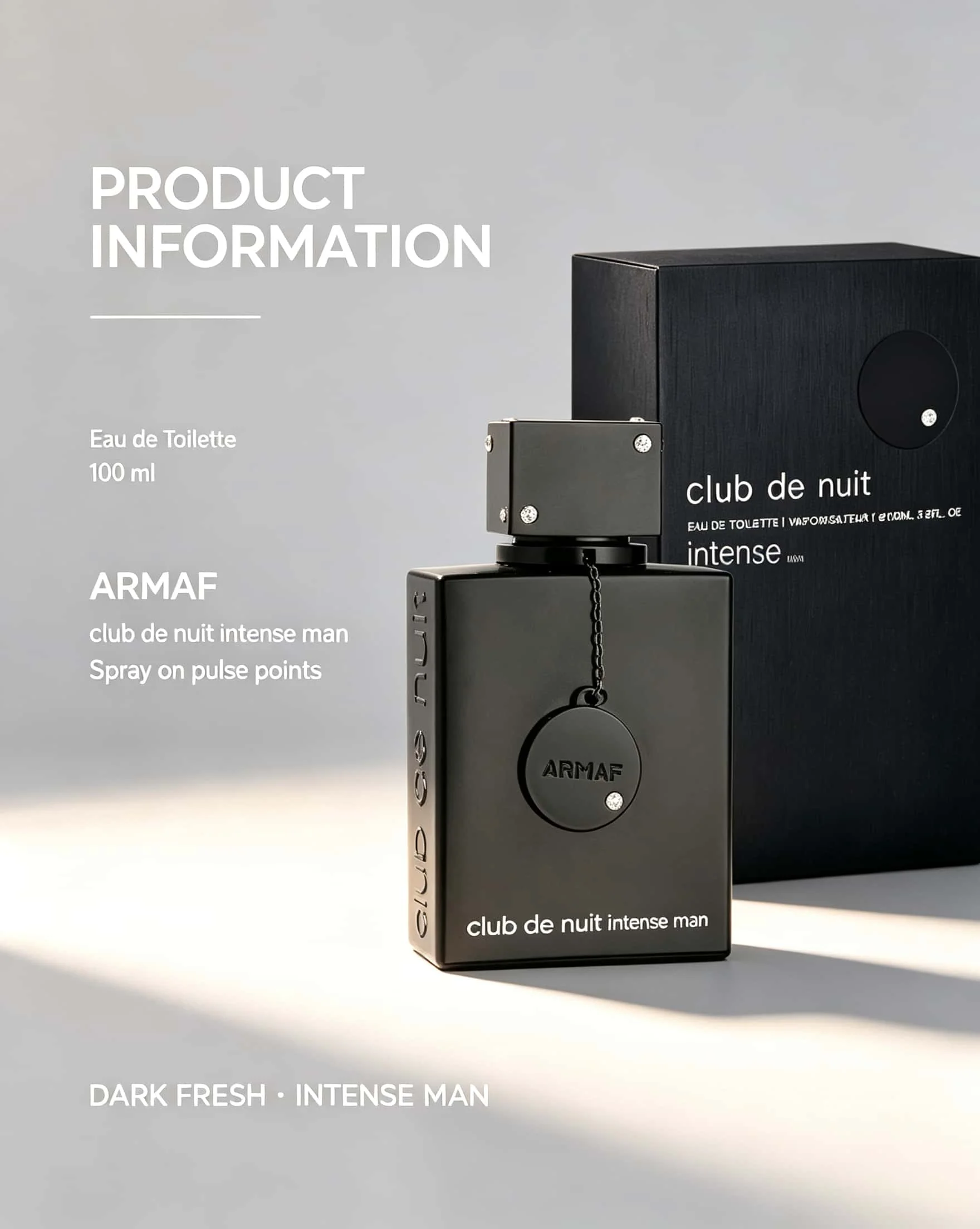 Armaf Club De Nuit Intense Man Eau De Toilette 100ml For Men, Luxury Matte Black Grain Square Perfume Bottle With Decorative Chain Medallion, Matching Black Packaging Box, Rich Woody Fruity Musk Scent For Night Event & Gifting