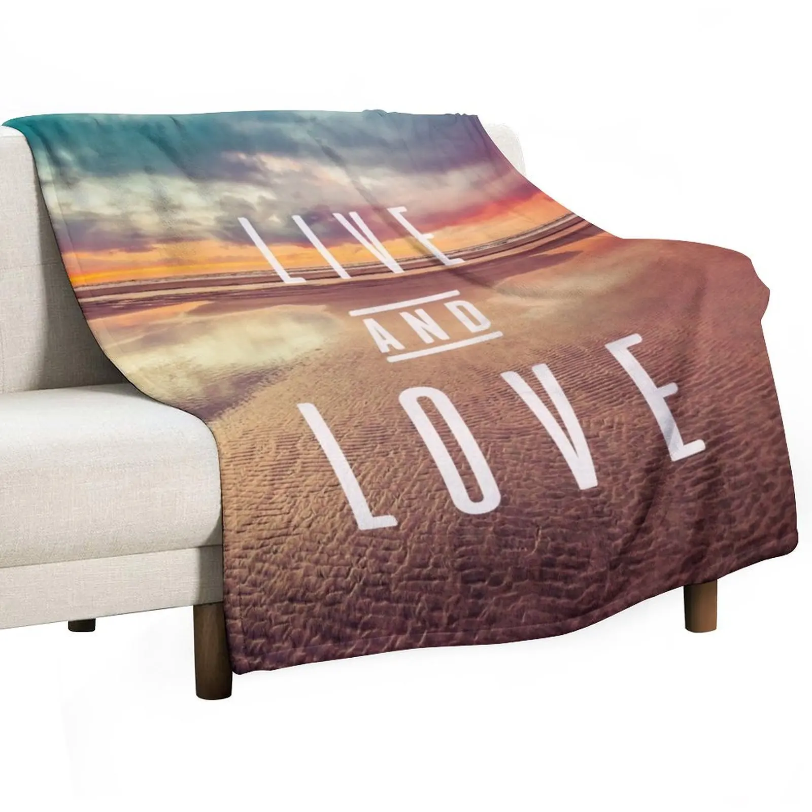 Ocean Sea Beach Water Clouds at Sunset - Live and Love Typography Throw Blanket Giant Sofa blankets ands Blankets