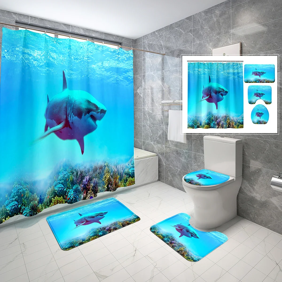 4 PCS Great White Shark Shower Curtain Sets,Deep Sea Marine Life Non-Slip Bath Mat Toilet Cover Bathroom Shower Curtain Set