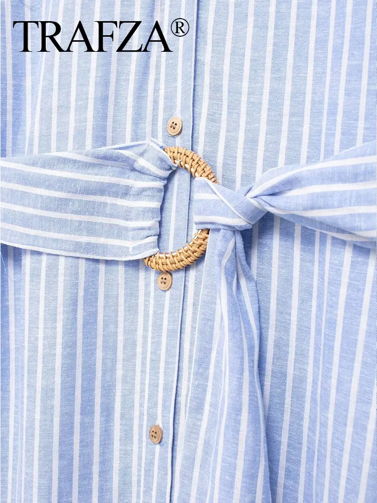 TRAFZA 2024 Female Commuter Shirt Dress Striped Long Sleeves Pocket Women's Casual Gentle With Belt Lapel Summer Elegant Dresses