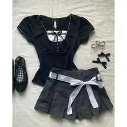 Conjunto de saia plissada e top de corte feminino, streetwear fino, blusa vintage, ternos chiques coreanos, góticos, anos 2000, Y2K, 2 peças