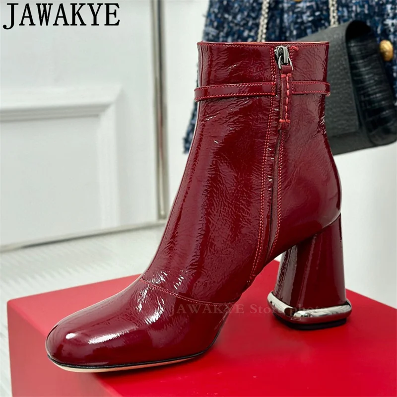 

Round Toe Chunky High Heel Ankle Boots Women Shiny Real Leather Chelsea Boots Winter Luxury Slim Runway Fashion Week Boots Mujer