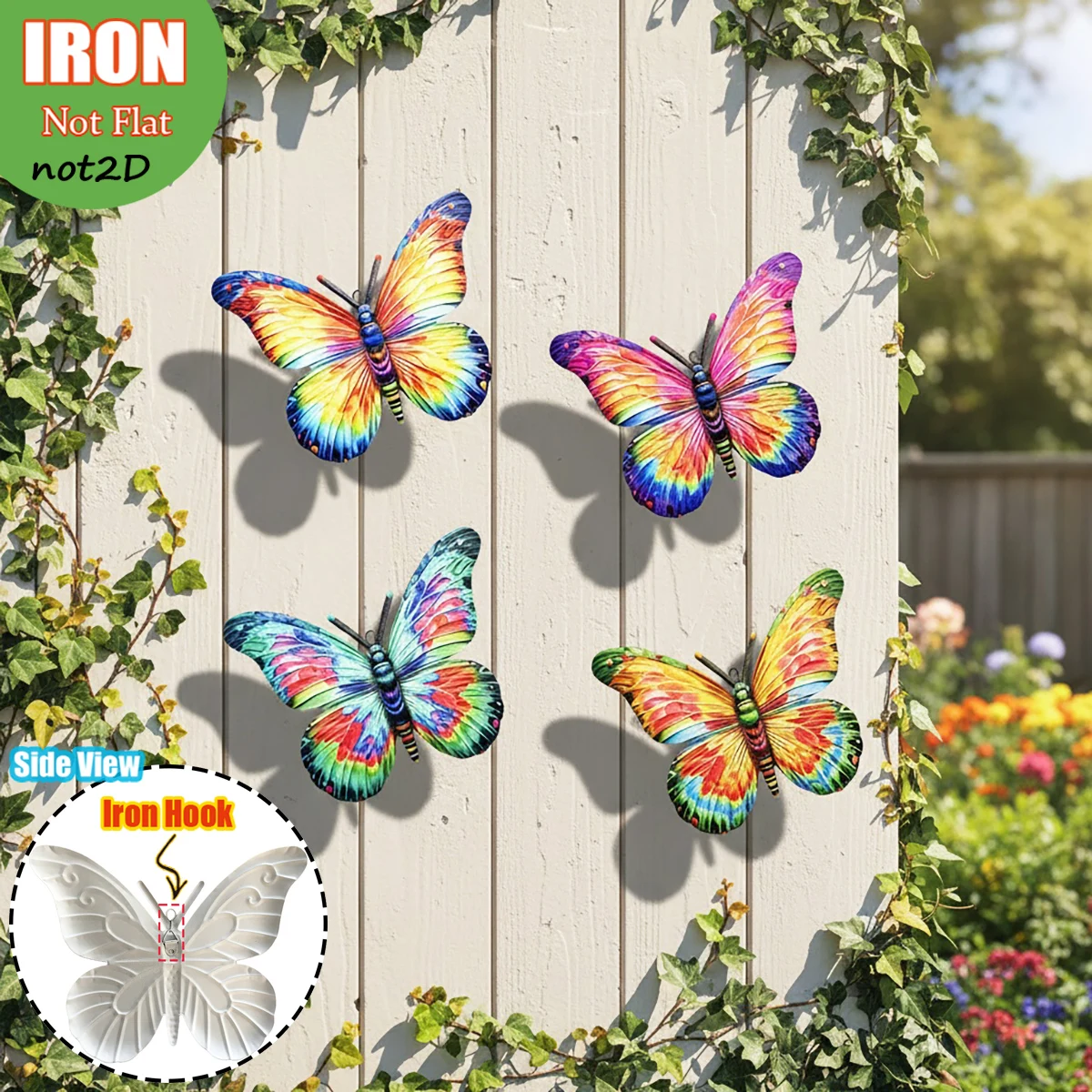 4PCS Vibrant Metal Butterfly Wall Art Decor, Rust-Resistant Outdoor Sculpture with Tool-Free Hook for Garden, Yard, Patio, Fence