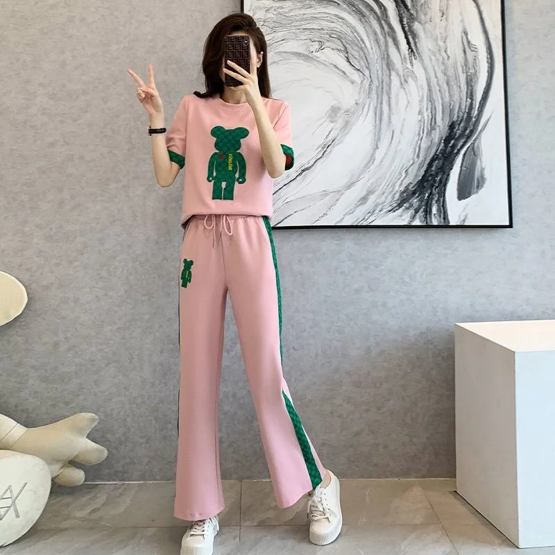 Women\'s 2023 Summer New Fashion Sweat Suit Korean Version Casual Short Sleeved T-shirt Tops Pants 2 Two Piece Set Female Clothes