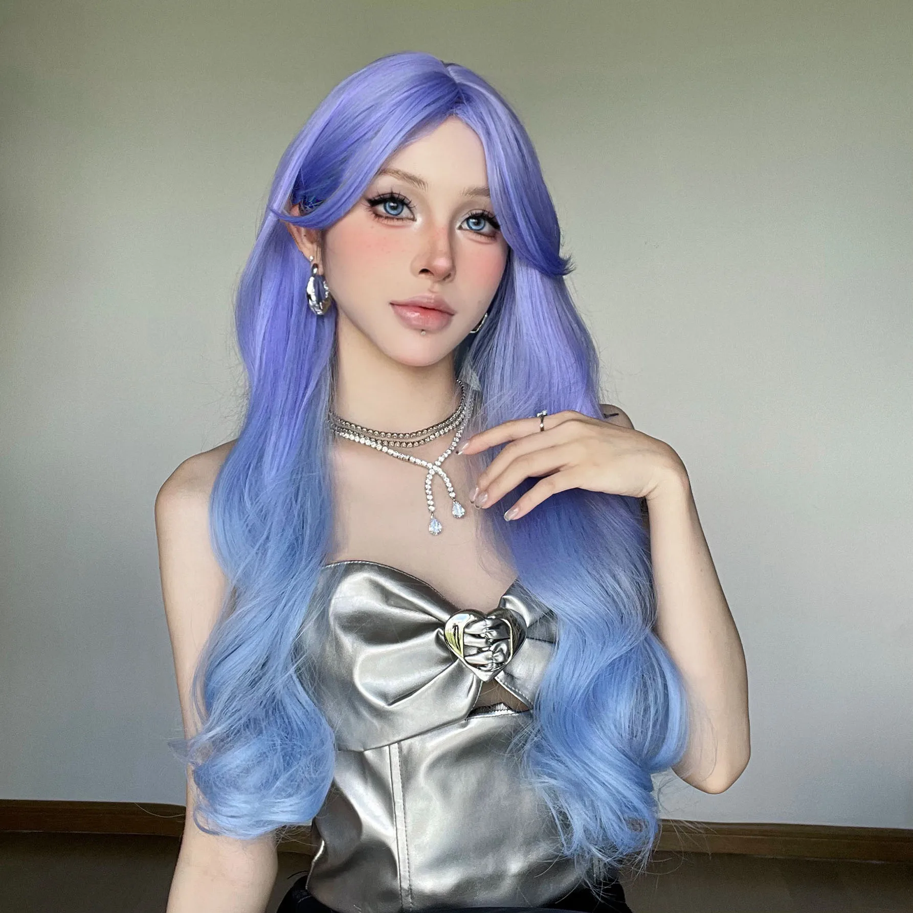 Wig female full headgear medium big wave blue gradual change long curly babes daily wig