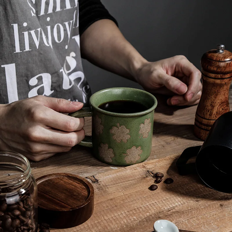 

Stoneware Coffee Mug Small Size Vintage Ceramic Cup With Sesame Glaze Clover Green Kiln Firing Variation For Breakfast