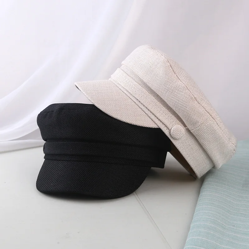 Beret Cap Woman Cotton Linen Sailor Captain Caps Retro Breton Beret Cap Flat Top Newsboy Fisherman Hat Unisex