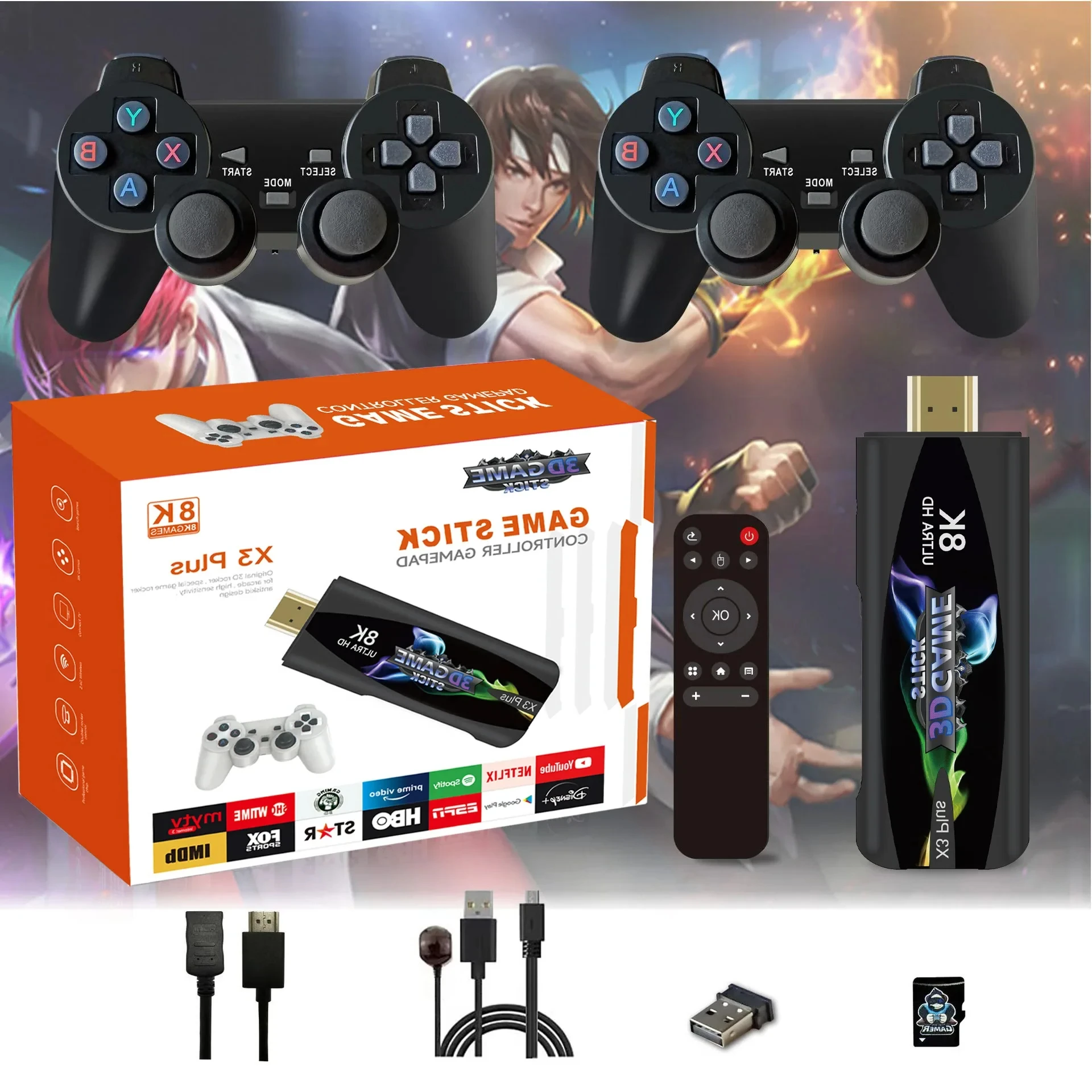 ワイヤレスコントローラー付きレトロビデオゲームコンソールb-m-x3proデュアルシステムゲーム8k-3d-usbスティック64g30000以上のpspゲームtvボックス