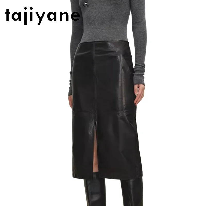 

TAJIYANE 100% Real Cowhide Leather Skirt Woman Black Retro Minimalist A-line Midi Skirts New Spring Women Clothes 2026 мини юбка