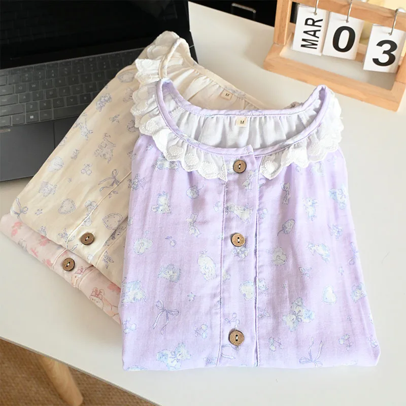Summer Women Double Layer Gauze Pajama Set Cotton Short Sleeve Shorts Lace Round Neck Soft Sweet Loungewear Sleepwear Outdoor We
