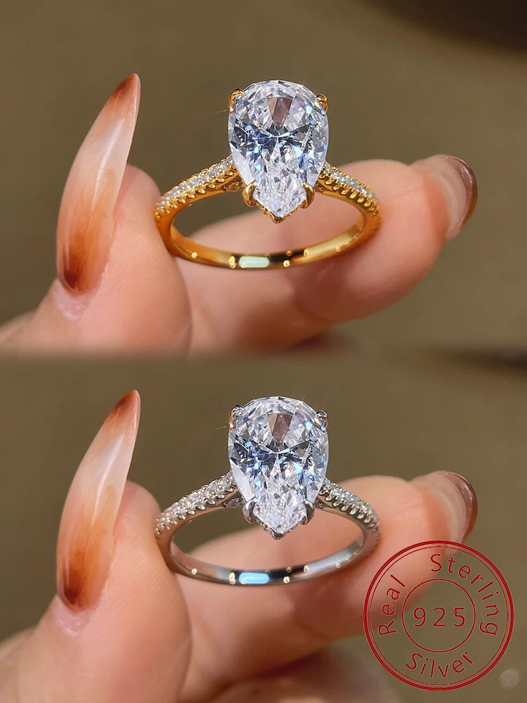 925 Sterling Silver Simple Classic WaterDrop 4-Carat Zircon Ring For Women Engagement Wedding Luxury High Quality Fine Jewelry