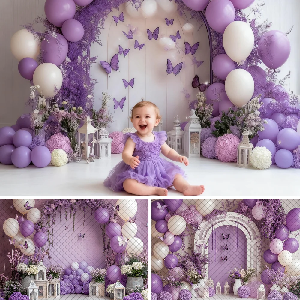 

Butterfly Cake Smash Photography Background Children Birthday Backdrop Balloons Wall Flowers Purple Wedding Photo Studio Props