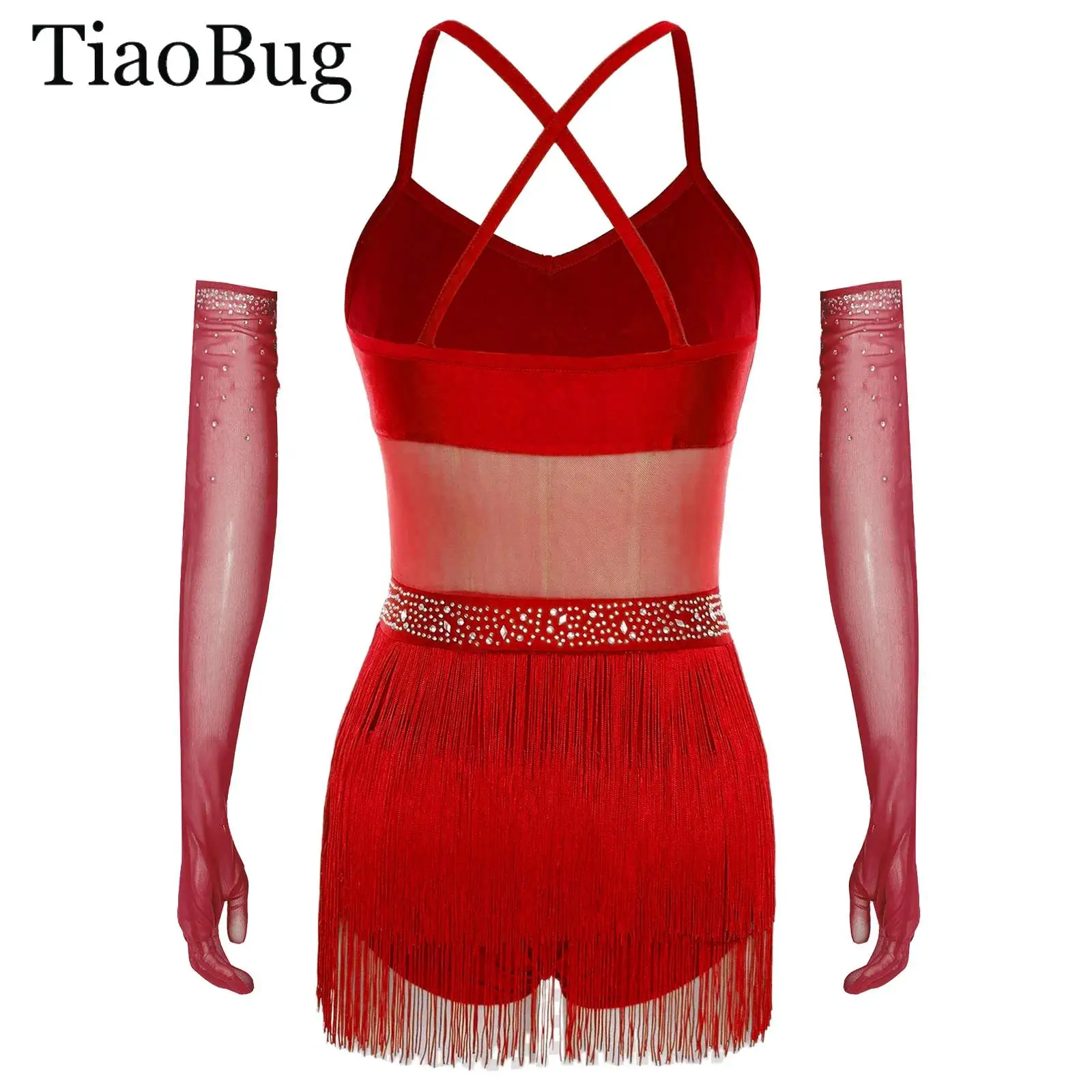 

Womens Fringed Dance Leotard Rhinestone Sheer Mesh Tassel Bodysuit +Gloves Set Cha-cha Tango Salsa Ballroom Latin Jazz Costume