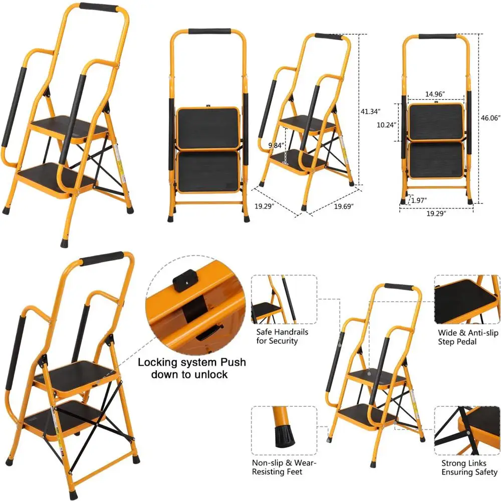 

folding 2-step ladder with handrails, 500lbs capacity, non-slip armrests, ideal for home use