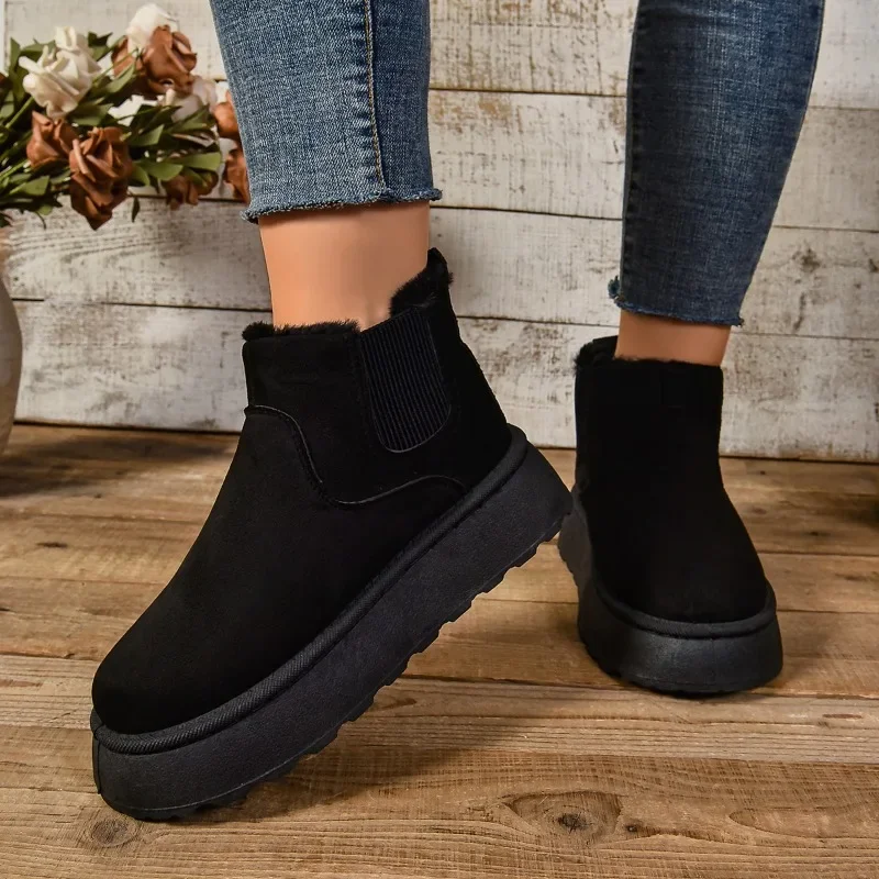 Bota feminina de pele de camurça, pelúcia curta, botas de neve quentes, sapatos casuais de chelsea, sapatilhas femininas, novo, inverno, 2022