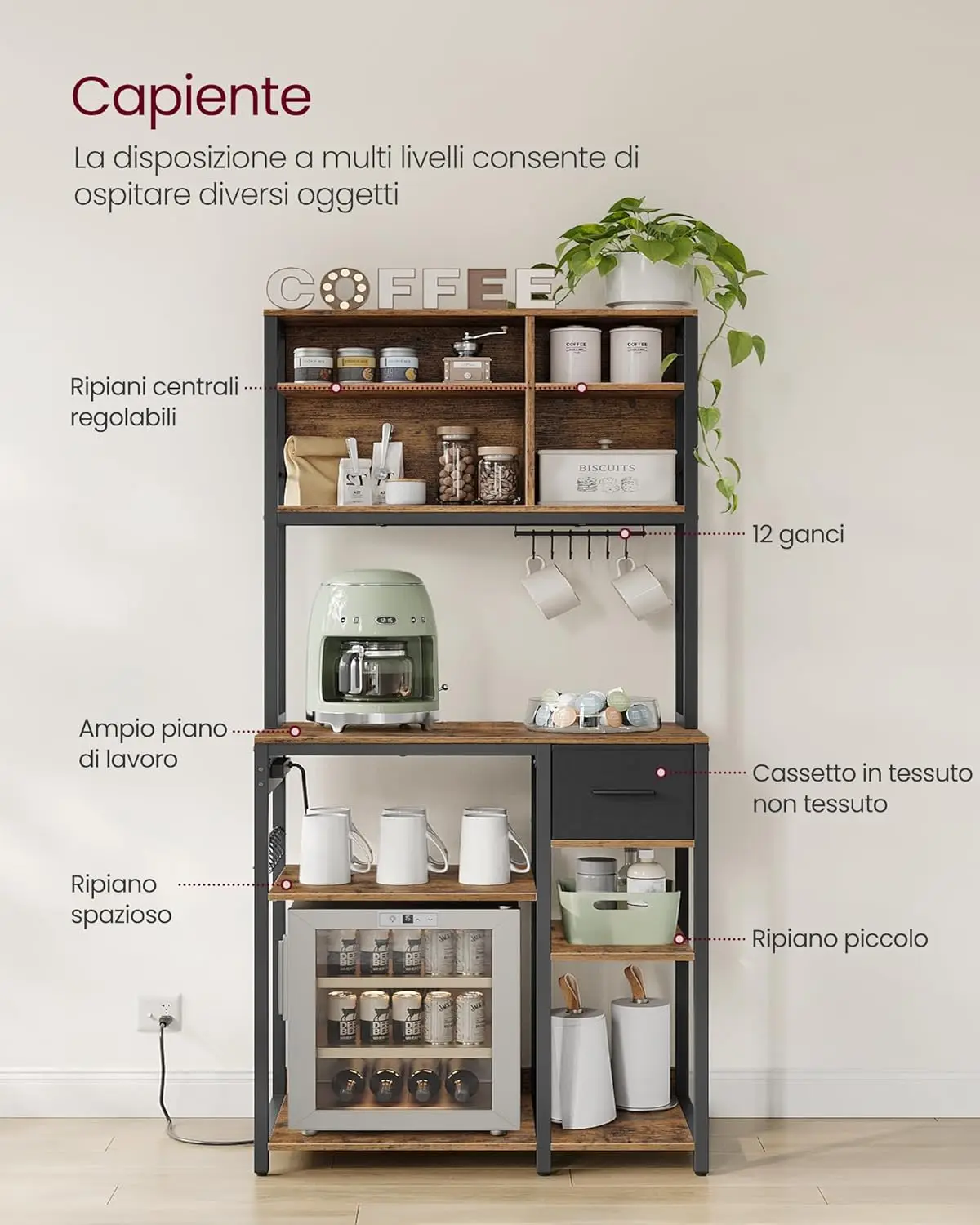 SONGMICS Set di 2 portaspezie per armadietto espandibile, Organizer per ripiano da cucina impilabile, metallo/legno, nero/marrone rustico