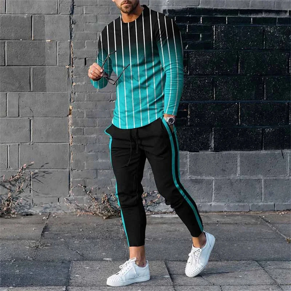 Men Jogging Suit Long Sleeve Set 3D Printed Patchwork T-Shirt Trousers 2 Piece Set Streetwear Casual Tracksuit Man Oversize Tops