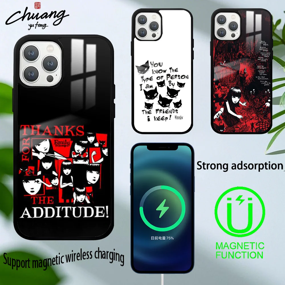 Funda de teléfono Comics Emily The Strange para 11, 12, 13, 14, 15 16Pro Max mini Plus, fuerte atracción magnética