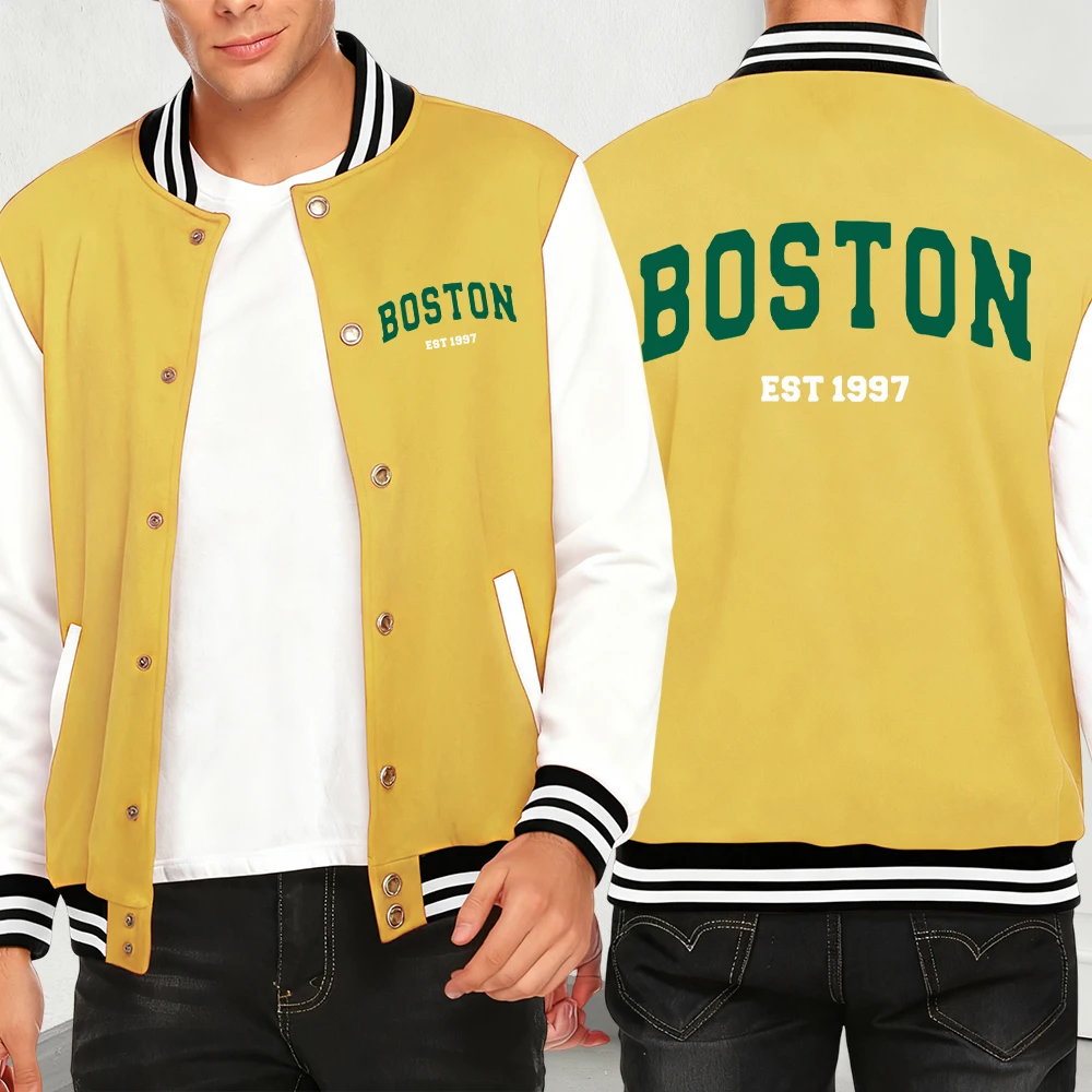 

Бостонские куртки с простым принтом и буквенным принтом, мужская свободная винтажная мужская одежда Y2K, повседневная разноцветная осенняя флисовая верхняя модная одежда в стиле хип-хоп